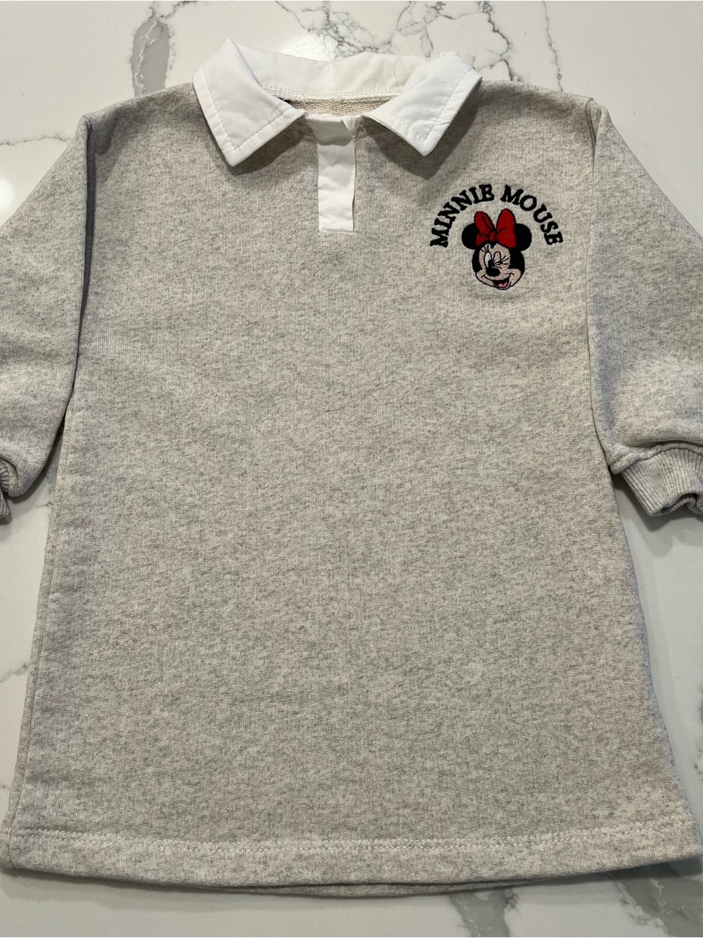 ZARA Toddler Grey Sweatshirt Dress with White Collar and Minnie Mouse Embroidery - Picture 2 of 7